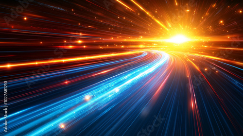 dynamic futuristic scene illustrating speed and motion with vibrant blue and red rays. This image symbolizes technological advancement, innovation, and the energy of modern life