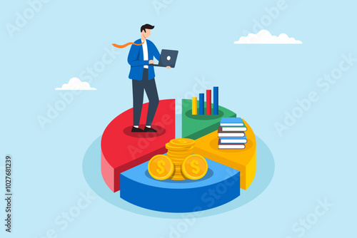 Flat illustration of businessman works on laptop analyzing pie chart for asset allocation and financial diversification