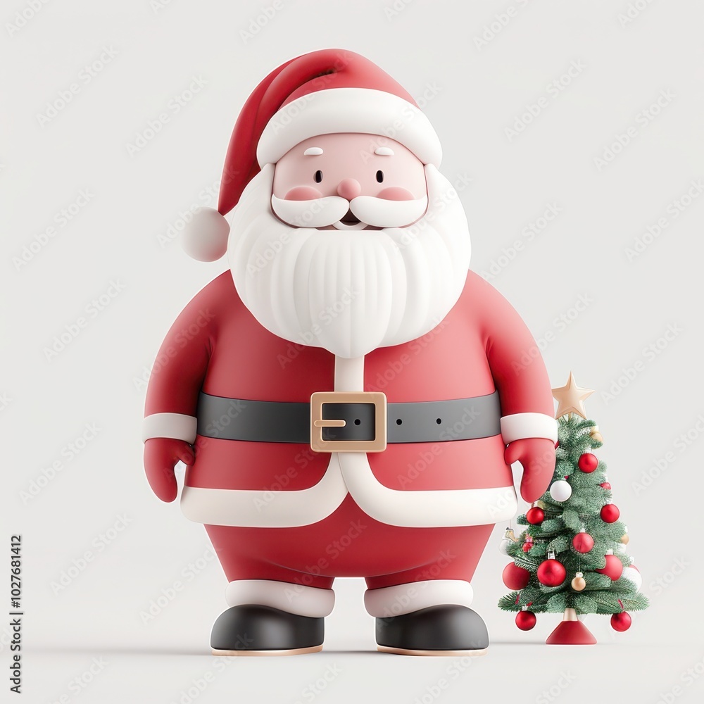 a santa claus figurine standing next to a christmas tree a santa claus figurine standing next to a christmas tree