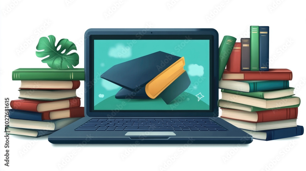 A laptop displaying book graphics is placed amidst stacks of books, symbolizing the blend of technology and education in a study setting A laptop displaying book graphics is placed amidst stacks of books, symbolizing the blend of technology and education in a study setting