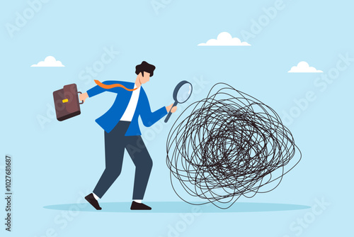 Flat illustration of businessman analyzes mess line with magnifying glass searching for root causes and solutions