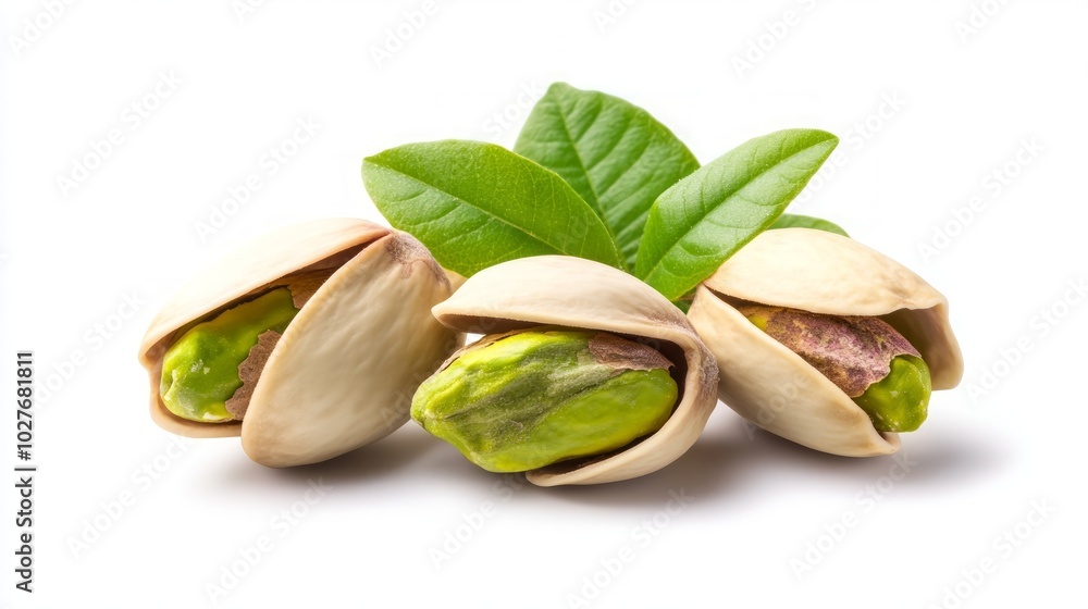Three pistachio nuts with green leaves isolated on a white background. Three pistachio nuts with green leaves isolated on a white background.