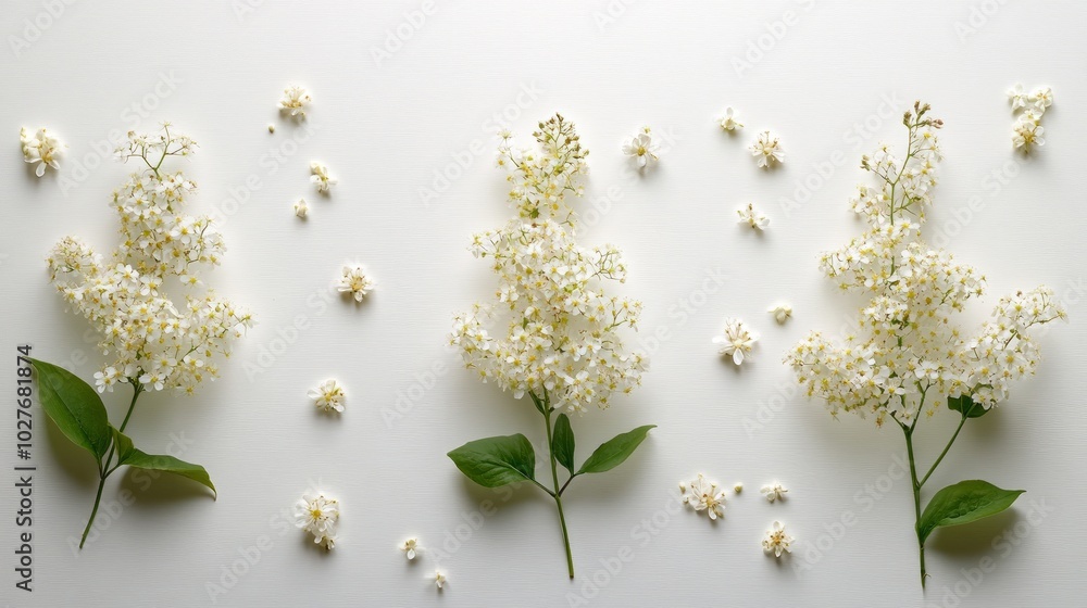 Three sprigs of white flowers arranged in a row on a white background. Three sprigs of white flowers arranged in a row on a white background.