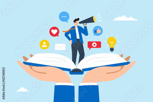 Flat illustration of young man tells brand story through opening book and megaphone communicating creativity and narrative