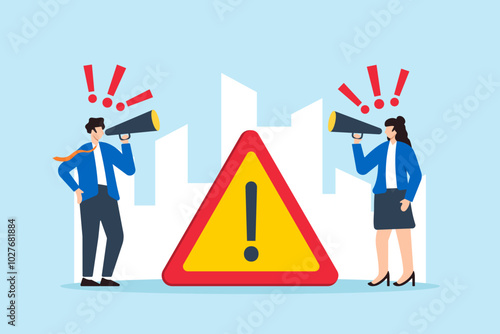 Flat illustration of business people announce urgent information through megaphone capturing attention with exclamation sign