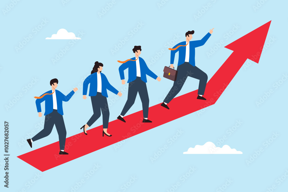 Flat illustration of businessman manager leads team with direction arrow motivating employees to achieve success together Flat illustration of businessman manager leads team with direction arrow motivating employees to achieve success together