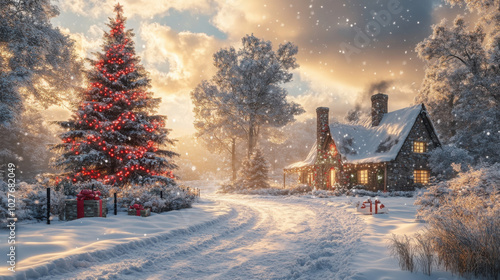 A snowy Christmas scene with a house, decorated tree and presents in the snow.