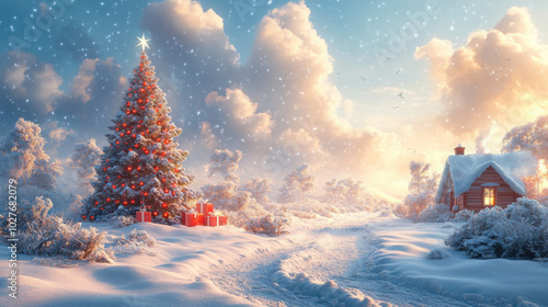 A snowy Christmas scene with a house, decorated tree and presents in the snow.