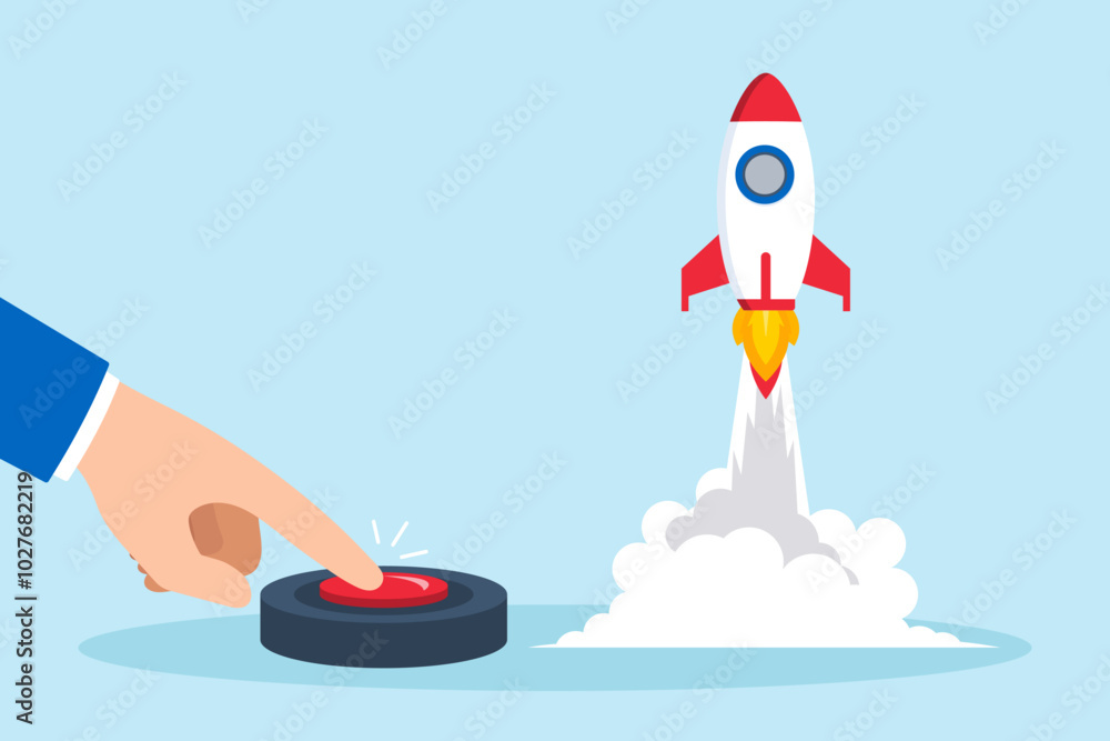 Flat illustration of businessman hand pushes start button to launch rocket representing initiation of new startup Flat illustration of businessman hand pushes start button to launch rocket representing initiation of new startup