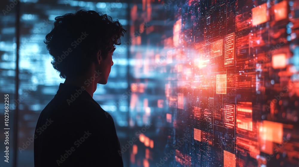 Silhouette of a person standing in front of a wall of glowing digital screens. Silhouette of a person standing in front of a wall of glowing digital screens.