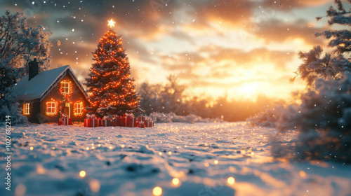 A snowy Christmas scene with a house, decorated tree and presents in the snow.