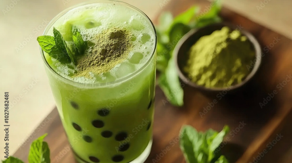 Refreshing Mint Matcha Drink with Tapioca Pearls Refreshing Mint Matcha Drink with Tapioca Pearls