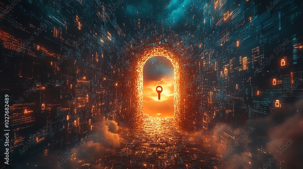 Fototapeta premium A fiery portal opens to a bright sky, surrounded by a digital wall.