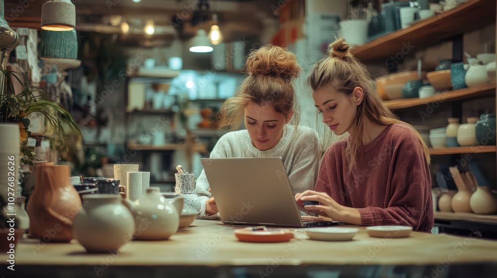Two Women Collaborating in a Cozy Workspace Two Women Collaborating in a Cozy Workspace