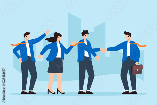 Flat illustration of businessman manager welcomes new staff with handshake introducing them to colleagues on their first day