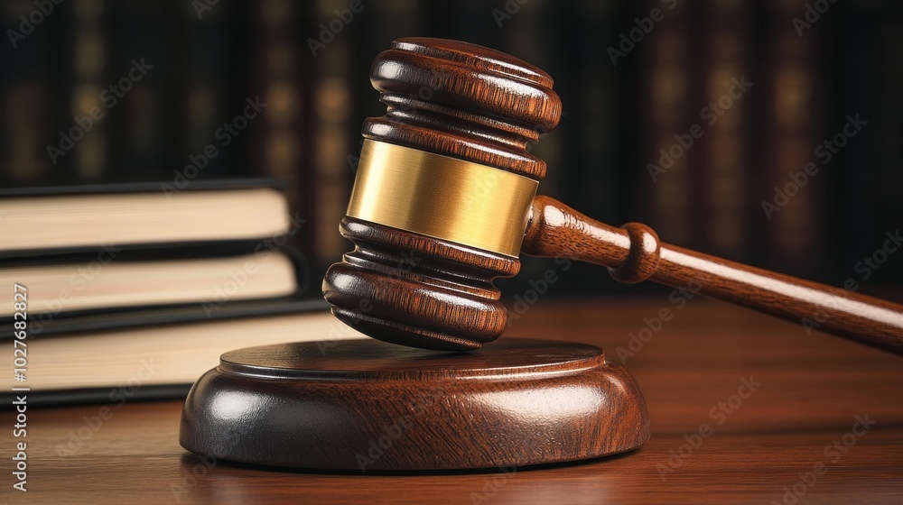Wooden Gavel on Desk with Law Books in Background Wooden Gavel on Desk with Law Books in Background