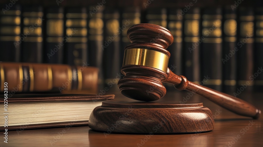 Wooden Gavel on Desk in Legal Setting Wooden Gavel on Desk in Legal Setting