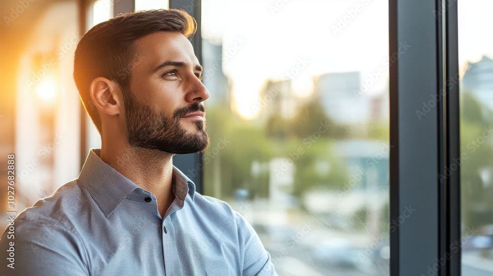 Thoughtful Man Gazing Out Window at Sunset