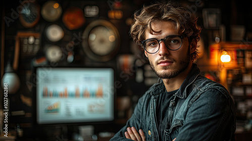 A confident young man with glasses poses in a stylish workspace filled with vintage items and a computer displaying colorful graphs