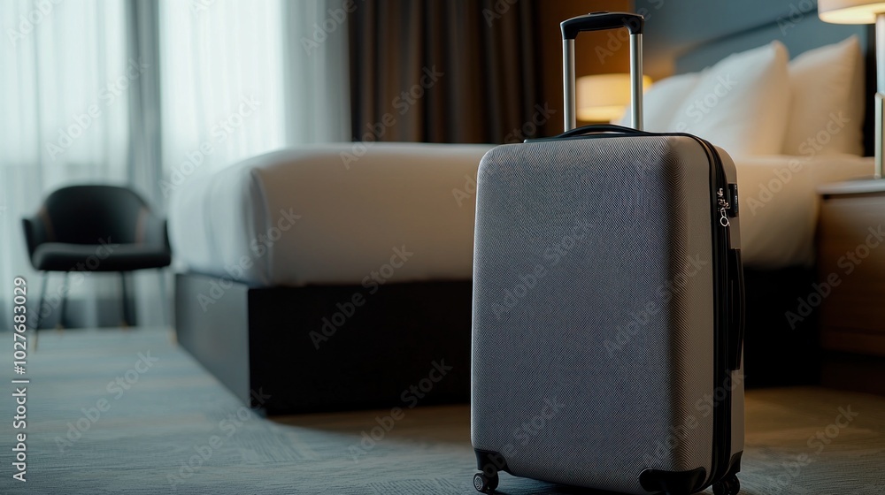 Fototapeta premium Sleek Modern Hard Shell Luggage in Hotel Room