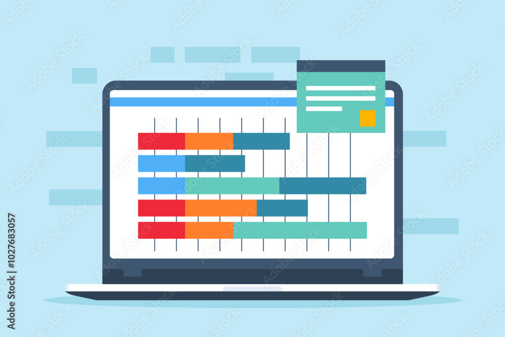 Flat illustration of computer laptop displays gantt chart assisting in planning for software development and project management Flat illustration of computer laptop displays gantt chart assisting in planning for software development and project management