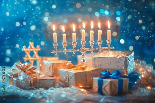 A traditional Hanukkah greeting card featuring a glowing menorah with all candles lit, golden dreidels, and gift-wrapped boxes photo