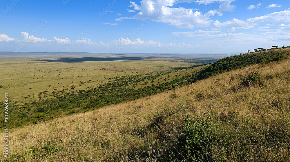 Expansive savannah landscape under a blue sky. Expansive savannah landscape under a blue sky.
