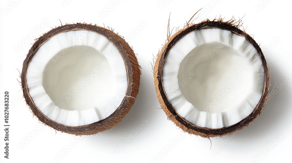 Two halves of a coconut shell, showing the white flesh inside. Two halves of a coconut shell, showing the white flesh inside.