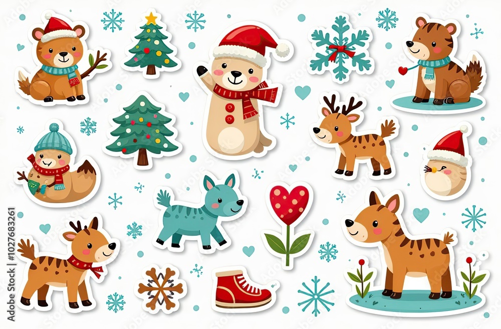 Obraz premium Christmas collection with cute animals: bear, fox, squirrel, bird, Santa Claus, Snowman and christmas decorative elements