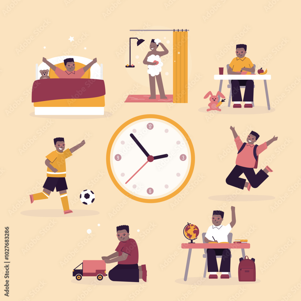 Cute boy, happy child daily routine health and hygiene activity set. Everyday kids activities. Time management. Little child awakening and doing exercises, eating lunch and studying. Cute boy, happy child daily routine health and hygiene activity set. Everyday kids activities. Time management. Little child awakening and doing exercises, eating lunch and studying.