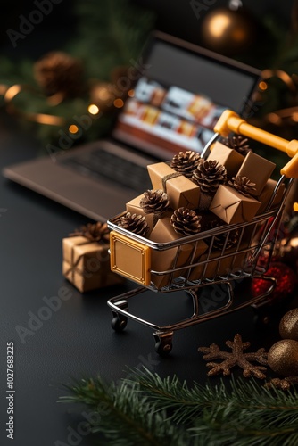 A shopping cart filled with gift boxes and pinecones placed next to a laptop, set against a festive holiday background with golden ornaments and green branches, suggesting online holiday shopping