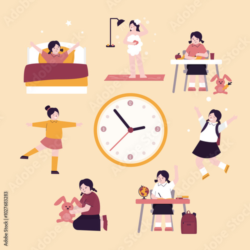 Cute girl, happy child daily routine health and hygiene activity set. Everyday kids activities. Time management. Little child awakening and doing exercises, eating lunch and studying.