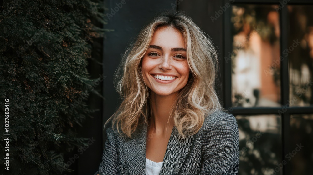 Obraz premium Smiling Woman in Blazer Against a Dark Background
