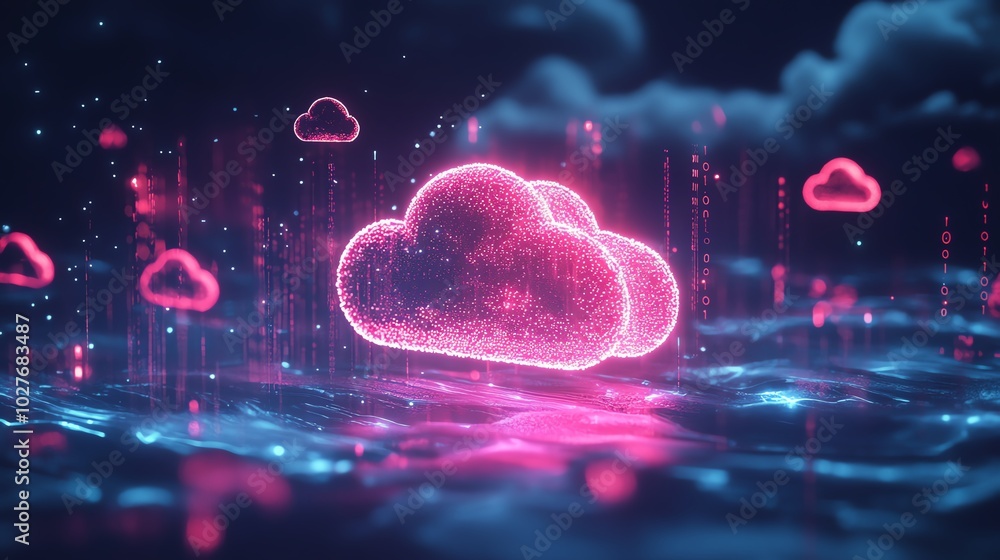Abstract digital cloud computing concept with glowing clouds and data streams. Abstract digital cloud computing concept with glowing clouds and data streams.