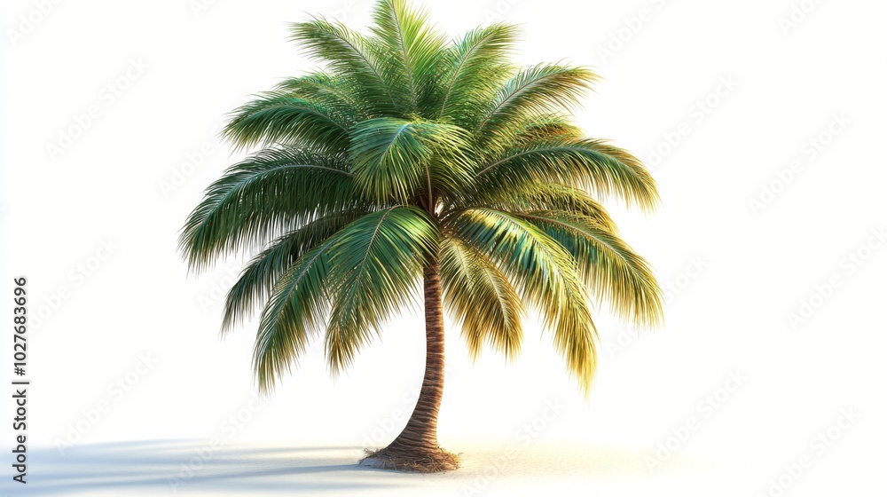 Obraz premium A solitary palm tree stands gracefully on a sandy beach under bright sunlight in the afternoon