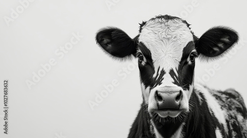 A close-up view of a curious black and white calf looking directly at the cam...