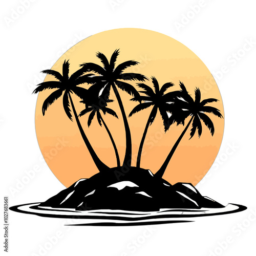 Silhouette of tropical island with palm trees at sunset