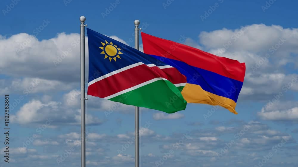 Armenia and Namibia flags flying together, video concept of the relationship, two country cooperation concept Armenia and Namibia flags flying together, video concept of the relationship, two country cooperation concept