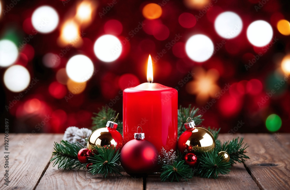 Christmas candle with surrounded by beautiful decorations and bokeh background, copy space for text Christmas candle with surrounded by beautiful decorations and bokeh background, copy space for text