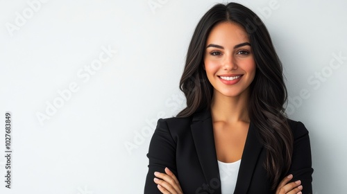 Confident young woman wearing a black blazer poses with arms crossed in a mod...