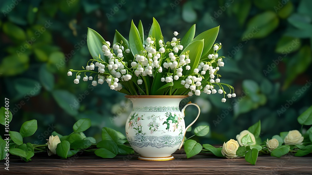 Victorian Garden Style: A delicate arrangement of lily of the valley blooms in an ornate porcelain vase, set on a wooden table with vintage lace doilies, surrounded by ivy and roses. Victorian Garden Style: A delicate arrangement of lily of the valley blooms in an ornate porcelain vase, set on a wooden table with vintage lace doilies, surrounded by ivy and roses.