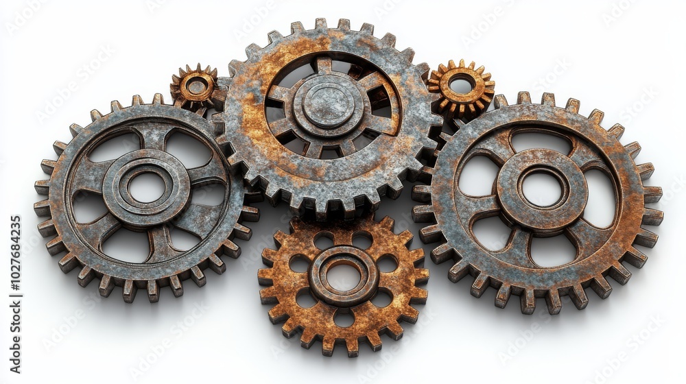 Rusty gears arranged in a decorative pattern on a white background creating an industrial look Rusty gears arranged in a decorative pattern on a white background creating an industrial look