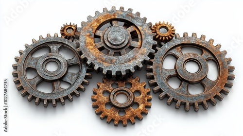 Rusty gears arranged in a decorative pattern on a white background creating a...
