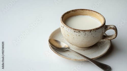 A steaming cup of brewed tea with a silver spoon beside it on a clean surface