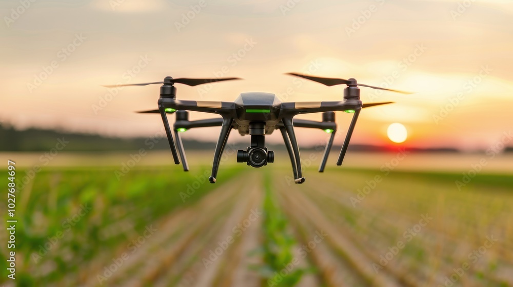 Drone flying over a lush green field at sunset, capturing stunning aerial views of the vibrant agricultural landscape. Drone flying over a lush green field at sunset, capturing stunning aerial views of the vibrant agricultural landscape.