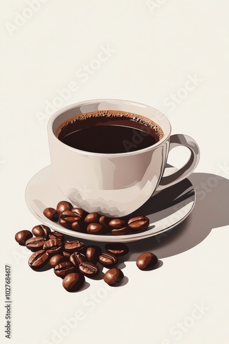 Freshly brewed coffee in a black mug surrounded by aromatic coffee beans on a...