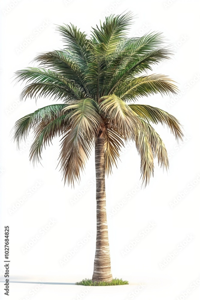 Obraz premium A vibrant palm tree stands on sandy ground against a colorful, warm background in a tranquil setting