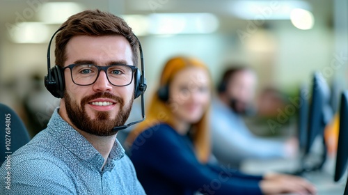 A smiling man in a headset sits at a desk in a modern office, engaged in a work environment with colleagues in the background.