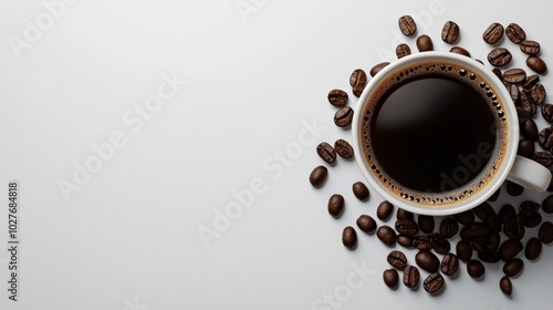 A steaming cup of coffee with roasted beans on a simple plate at morning light