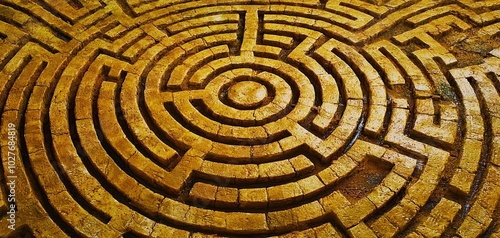 Intricate circular maze design on a textured surface, ideal for creative projects.